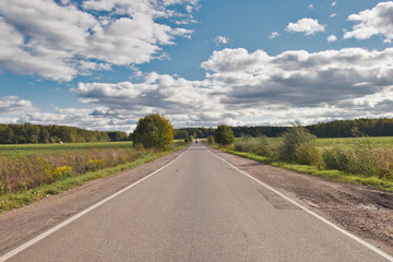 Fototapeta premium Lanscape with asphalt automobile road through the green field and clouds on blue sky in summer day.