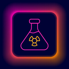Glowing neon line Laboratory chemical beaker with toxic liquid icon isolated on black background. Biohazard symbol. Dangerous symbol with radiation icon. Colorful outline concept. Vector