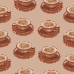 Seamless pattern with coffee cups. The composition for the design of the fabric. Illustration for a holiday, a party and invitations. Decoration for the interior. Autumn drawing.