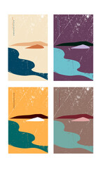 Set of vector backgrounds. Minimalism. Vintage. Japanese style. Mountain landscape. Stylization. Wallpaper. Blue, orange, purple