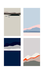 Set of vector backgrounds. Minimalism. Japanese style. Mountain landscape. Stylization. Wallpaper. Blue, pink, gray, red