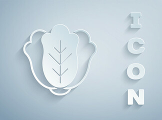 Paper cut Fresh cabbage vegetable icon isolated on grey background. Paper art style. Vector