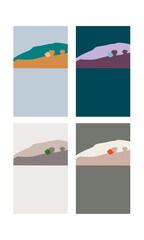 Set of vector backgrounds. Minimalism. Japanese style. Mountain landscape with trees. Stylization. Wallpaper. Blue, orange, purple, gray