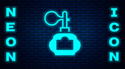 Glowing neon Aftershave bottle with atomizer icon isolated on brick wall background. Cologne spray icon. Male perfume bottle. Vector