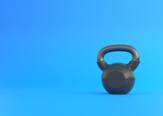 Naklejka na ściany i meble Realistic black Iron kettlebell on blue background. Gym and fitness equipment. Workout tools. Sport training and lifting concept. 3D rendering illustration