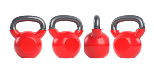 Naklejka na ściany i meble Set red iron kettlebell isolated on white background. Gym and fitness equipment. Workout tools. Sport training and lifting concept. 3D rendering illustration
