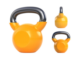 Set yellow iron kettlebell isolated on white background. Gym and fitness equipment. Workout tools. Sport training and lifting concept. 3D rendering illustration
