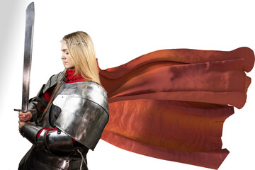 A beautiful warrior woman  with a sword and in armor, Medieval knight on white background