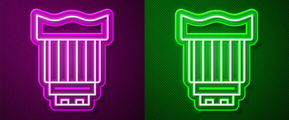 Glowing neon line Camera photo lens icon isolated on purple and green background. Vector