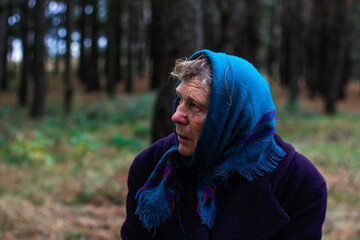 Defocus portrait of russian grandmother senior old woman seating in pine autumn forest. Old women in coat and shawl. Sad person. Nature background. Out of focus