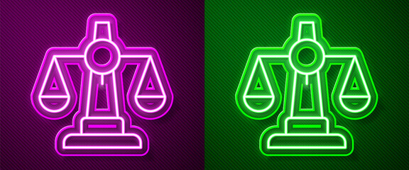 Glowing neon line Scales of justice icon isolated on purple and green background. Court of law symbol. Balance scale sign. Vector