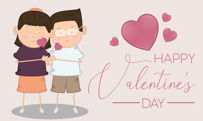 Happy valentines day card with a couple and hearts