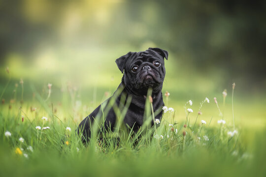 A brooding black pug sitting in the grass among white and yellow flowers against a bright summer landscape