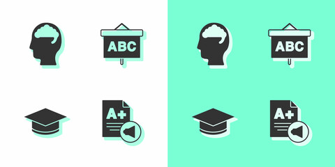 Set Exam sheet with A plus grade, Human brain, Graduation cap and Chalkboard icon. Vector