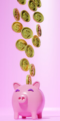 concept of savings money pig dollar coins 3d render on pink tone.