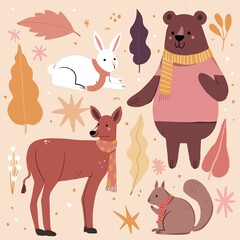 hand drawn autumn animals collection vector design illustration