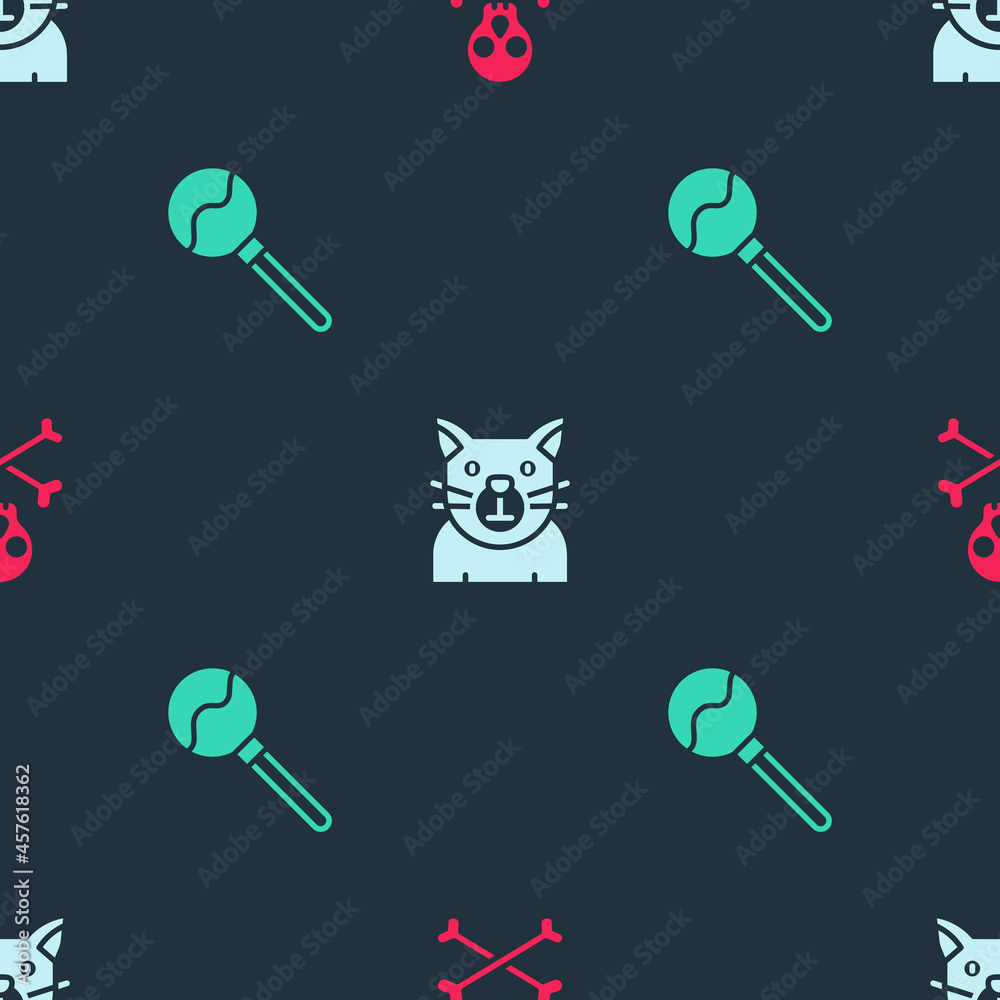 Poster set skull on crossbones, cat and lollipop on seamless pattern. vector