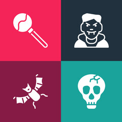 Set pop art Skull, Flying bat, Vampire and Lollipop icon. Vector