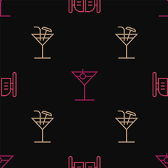 Set line Saloon door, Cocktail and Martini glass on seamless pattern. Vector