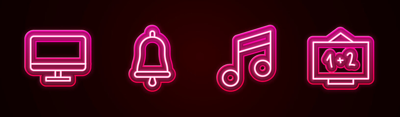 Set line Computer monitor screen, Ringing bell, Music note, tone and Chalkboard. Glowing neon icon. Vector