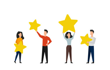 Personas de pie con estrellas. Hombres y mujeres. Concepto de idea, ganador, celebración, equipo, grupo. Integrantes o personajes. Ilustración vectorial