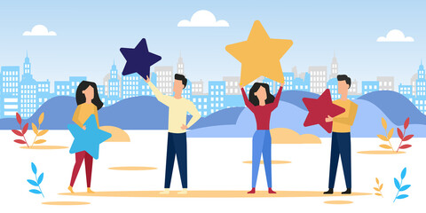 Personas de pie con estrellas. Hombres y mujeres. Concepto de idea, ganador, celebración, equipo, grupo. Integrantes o personajes. Ilustración vectorial, fondo de paisaje de ciudad