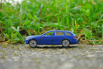 blaues modellauto mit grünem gras im hintergrund