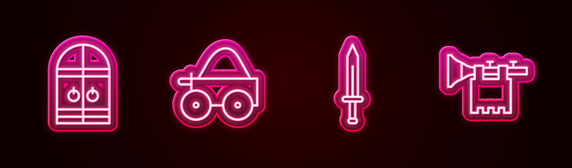 Set line Medieval castle gate, Wooden four-wheel cart, sword and Trumpet with flag. Glowing neon icon. Vector