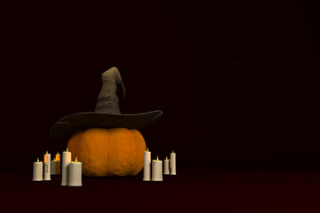An illustration of a 3D render for the Halloween holiday with a pumpkin, a hat and candles.