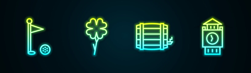 Set line Golf flag, Four leaf clover, Wooden barrel and Big Ben tower. Glowing neon icon. Vector