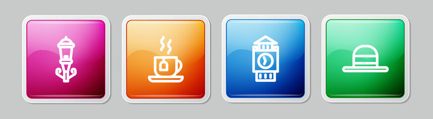Set line Vintage street light, Cup of tea with tea bag, Big Ben tower and Elegant women hat. Colorful square button. Vector
