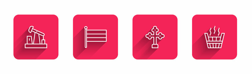 Obraz premium Set line Oil pump or pump jack, National Russia flag, Christian cross and Sauna bucket with long shadow. Red square button. Vector