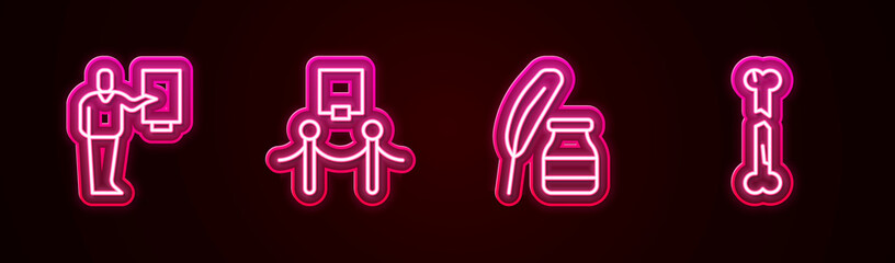 Set line Museum guide, Picture and rope barrier, Feather inkwell and Human broken bone. Glowing neon icon. Vector