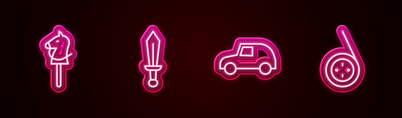 Set line Toy horse, Sword toy, car and Yoyo. Glowing neon icon. Vector