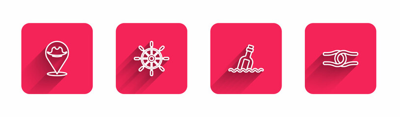 Set line Location pirate, Ship steering wheel, Bottle with message water and Rope tied knot with long shadow. Red square button. Vector