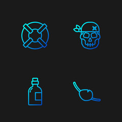 Set line Pirate eye patch, Alcohol drink Rum, Lifebuoy and Skull. Gradient color icons. Vector