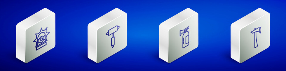Set Isometric line Flasher siren, Firefighter axe, extinguisher and icon. Vector