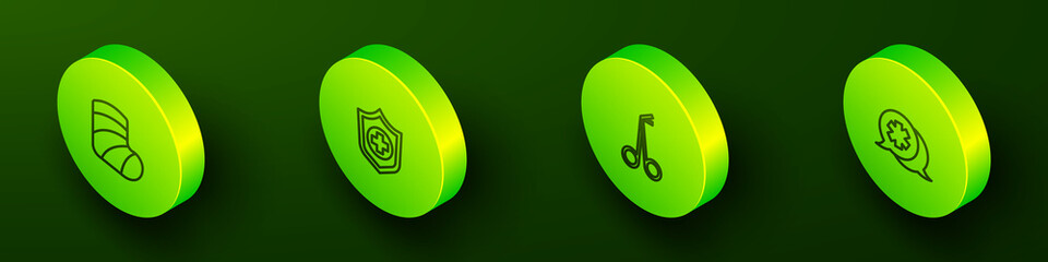 Set Isometric line Gypsum, Life insurance in hand, Medical scissors and Dialogue with the doctor icon. Vector