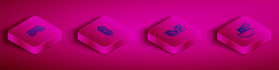 Set Isometric line Sushi on cutting board, Chinese paper lantern, Great wall of China and Asian noodles bowl icon. Vector