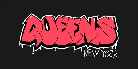 Queens New York graffiti style hand drawn lettering. Decorative vector text . © Irina