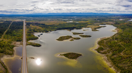 Aerial panorama view of many lakes along highway 97 Cariboo Hwy, at Lomond, Loch after 70 Mile...