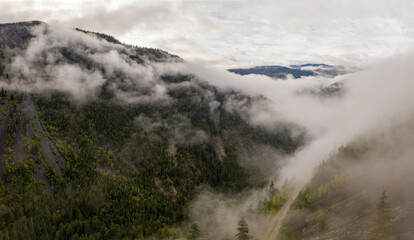 Elevated panoramic view of the breathtaking mountainous landscape in Tweedsmuir (South) Provincial Park