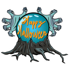 Vector illustration of Happy Halloween with hands, crystal ball, and creepy wood.