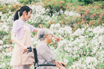 花畑を散歩する高齢者女性と女性スタッフ
