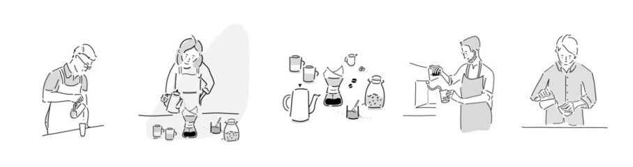 Cafe barista vector illustration set. Hand-drawn icon collection of people at cafe. Making coffee. Brewing coffee.  - obrazy, fototapety, plakaty