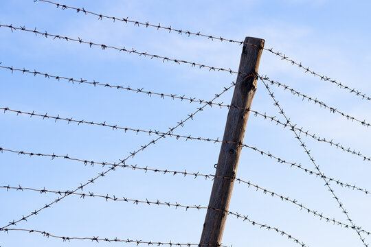 Old barbed wire and wooden post against the sky. Barbed wire fence.