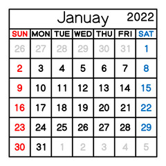 2022年　1月　カレンダー　ベクターイラスト