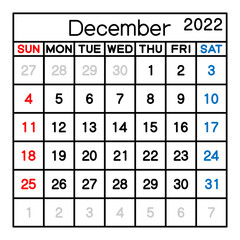 2022年　12月　カレンダー　ベクターイラスト