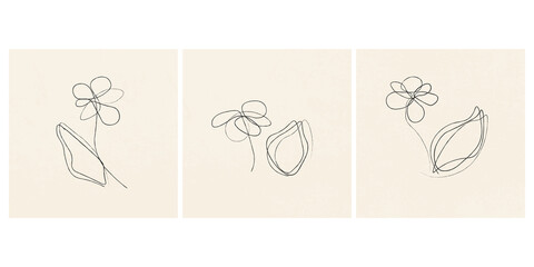 Set of cards with illustration of pencil drawing flowers. Line style. Design for card, logo, posters, invitation