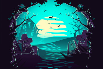 Night scene Halloween background with graveyard, old tree, old house, cross, bats.